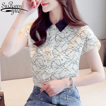 Stil coreean Imprimate Șifon Bluza de Vara pentru Femeie Nou Contrast Maneca Scurta Bază Cămașă Bluză Rândul său, în Jos Guler OL stil 9455 50