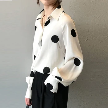 Stil Coreean Primavara Cu Maneci Lungi Șifon Bluza Femei Simplu Buline Chic Casual Cămașă De Moda Doamnă Birou Blaturi De Lucru Alb