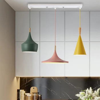 Nordic Agățat Corpuri de iluminat Salonul Galben Verde Macaron Lumini de Bucătărie Cameră Lampa de Lemn Sufragerie Lumini Luciu Suspensie