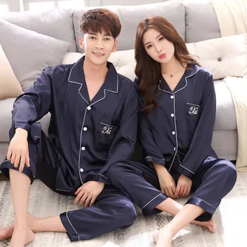Lisacmvpnel Matase de Gheață Cuplu Set Pijama cu mâneci Lungi pentru Bărbați Și Femei V-neck Cardigan Imitație de Mătase Pijamale
