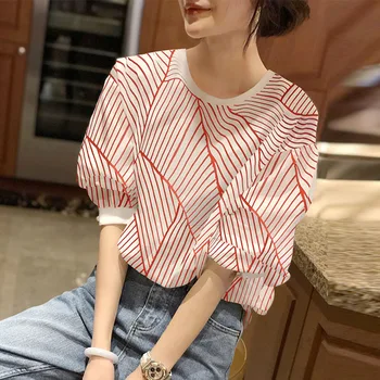 Roșu cu Dungi, Bluze Femei de Vară Subțire cu mânecă Scurtă, Tricouri Puff Maneca Noi Maneca Vrac 2020 Nou Stil de Femei Topuri Gât Rotund
