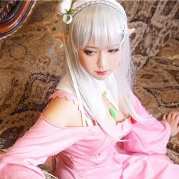 Anime Re:Viața într-o lume diferită de zero Cosplay Emilia Cos Dulce Japonez Roz Rochie Sexy Costum Pentru Femei