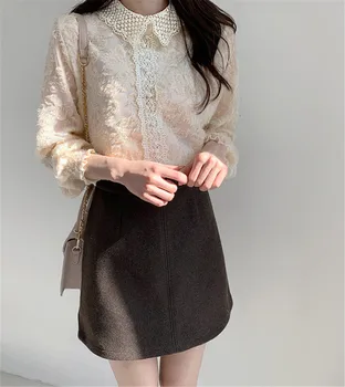 Papusa Design Topuri Femeile De Moda Coreea Style Fierbinte Talie Elastic Drăguț Dulce Gol Afară De Croșetat Dantelă Butonul Negru Cămașă De Bază Bluze