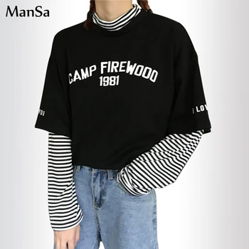 Toamna Femei scrisoare de imprimare Tricou Casual Prietenul tricou Harajuku liber cu Dungi mozaic Femeie T-Shirt streetwear negru Topuri
