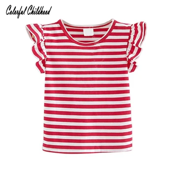 Stil marinar fete tricou de vara albastru/roșu alb dungă volane de dantela cu maneci scurte copilul bluza bluze copii