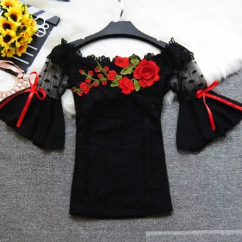 2019 Negru și Alb Bluze Camasi Topuri Doamnelor Flori Emboridery Flare Sleeve De pe Umăr Dantelă Bluze Femei Sexy