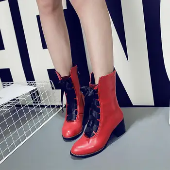 RIBETRINI Femeile Unic de Bomboane Pantofi de Culoare Birou Femei dantela-up Glezna Cizme Înalte Tocuri Indesata Cizme