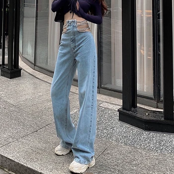 Streetwear Cruce din Partea Lanțului de Gol Afară Wide-leg Blugi Femei de Înaltă Talie Pantaloni Sexy Femei Elegante Europa Blugi de Moda