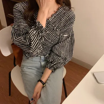 Alien Kitty Coreean Minoritate Retro Pe Un Umăr Solid Stretch Puff Maneca Scurta Bluze 2020 De Femei De Moda, Camasi Cu Maneca Lunga