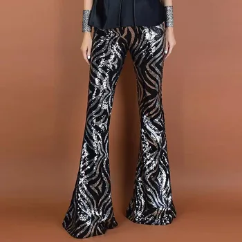 SEBOWEL Femeie de Talie Mare Negru Argintiu Vârtej Model de Semnalizare cu Paiete, Pantaloni pentru Petrecere de Dans Feminin Elastic Clopot-fund Pantaloni
