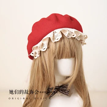 Mori Fată Japoneză Manopera Dantelă Asieta Beretă De Lână Pictor Pălărie Frumoasă Lolita Bowknot Toamna Iarna Vintage Clatita Capac Cadou De Crăciun