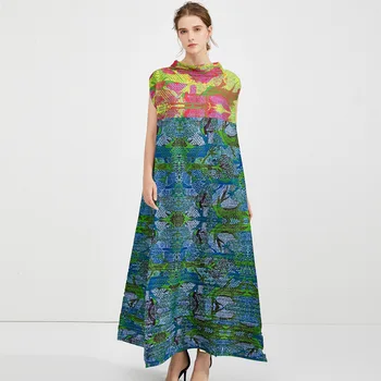 Lanmrem 2021 NOUA moda de vara rochie lunga plisata tipărite elatic liber de mari dimensiuni stand guler vintage rochii femei WL616