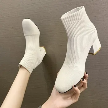 Moda Glezna Cizme Pentru Femei Pantofi Pentru Femeie Ciorap Elastic Cizme Tocuri Indesata Întinde Toamna Botine Sexy Degetul Ascutit Plus Dimensiune 40