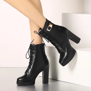 WETKISS 2018 Ultima Moda Femei Cizme Super Toc Platforma Doamna Glezna Cizme Dantela-up Femeie Pantofi pentru Femeie Negru Dimensiuni Mari 32-43