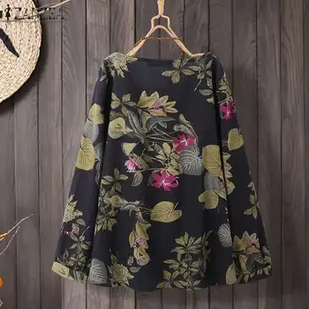Toamna Retro Floral Imprimat Bluza Tricou 5XL ZANZEA Femei Vintage Maneca Lunga O Gât Topuri Lejere Casual Blusas Femininas Combinezon