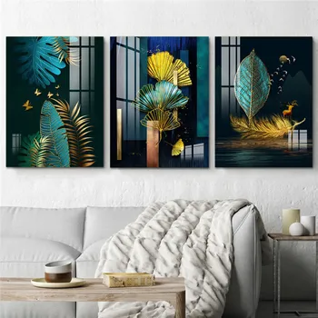 3 Panouri Ieftine Panza Pictura Arta Stil Chinezesc Verde și Auriu rezistent la apa Perete Printuri de Arta Decor Acasă Canvas Postere, Printuri