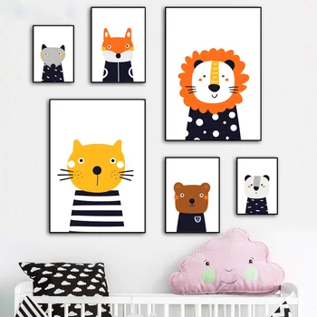 Urs, Vulpe, Leu, Pisică, Panda Desene Animate Drăguț, Arta De Perete Panza Pictura Nordică Postere Si Printuri Poze De Perete Baby Camera Pentru Copii Decor Acasă