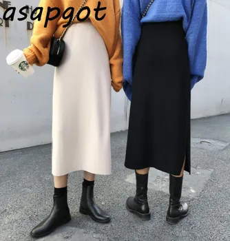 Asapgot Toamna Caise Talie Mare Tricotate Fuste Femei Nou Coreea De Chic Sălbatice Slim Vintage Negru Direct De Lână Fusta Faldas Cald