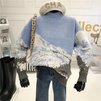 Retro munte de zăpadă jacquard pulover Femei Toamna / iarna 2020 Noua Moda jumătate de înaltă gât pulover vrac Tricotaje