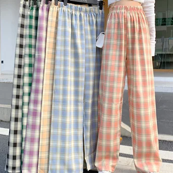 HOUZHOU Carouri Pantaloni Femei Plus Dimensiune Pantaloni Largi Liber Supradimensionate Verificat Pantaloni Stil coreean, în Carouri, Pantaloni de Moda de Jokeri