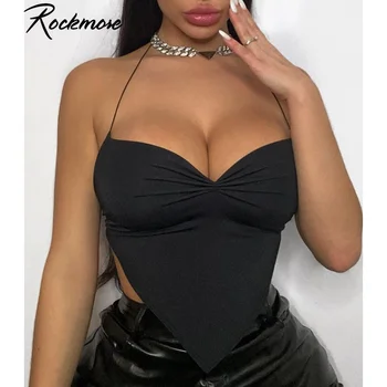 Rockmore Sexy Ruched Halter Culturilor Topuri Femeile Y2K Camis fără Mâneci fara Spate Rezervor de Top Streetwear Moda de Vara Mini Negru Vesta