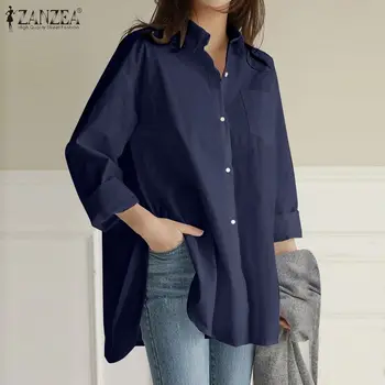 ZANZEA Femei Bluza Casual Lejere de Bumbac Plus Dimensiune Domnișoară de zi cu Zi Monofazate Bluza Tricouri Femei Elegant Side Split Tunica Butonul de Jos de Sus