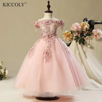 De pe Umăr prima împărtășanie rochii pentru fete Vestido Daminha Casamento de Lux Rochie de Bal Roz de Organza Rochii Fete cu Flori