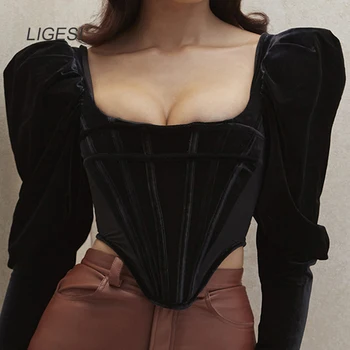 2020 Toamna Corset Femei Topuri Elegante De Catifea Neagră Bluze Camasi Cu Guler Pătrat Puff Maneca Lunga Tricou Vintage Topuri