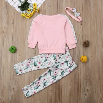 Toamna Iarna Destul de Drăguț pentru Sugari Fete pentru Copii Haine 3PCS Volane Maneca Scrisoare Floral Roz Pulover Topuri+Pantaloni+Bandă de susținere