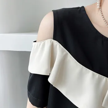 Bluze Femei, Camasi Cu Volane Fluture Mâneci Scurte Asimetrice Mozaic De Pe Umăr Șifon Vrac Conceput Stil Coreean Ins