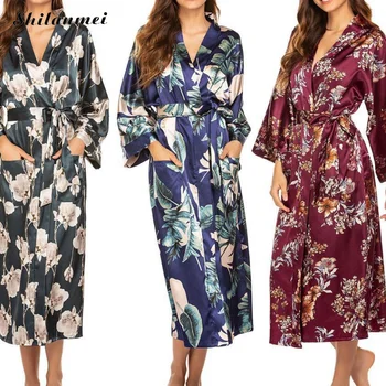 Florale Din Satin Kimono-Halat De Baie Pentru Femei 2020 Primavara-Vara Haine De Mătase Sleepwear Rochie De Noapte Femei Lenjerie De Flori Robă Lungă Vestido
