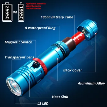 L2 Profesionist de Scufundări lanterna Scufundări Lanterna LED 200M sub apă Lanterne LED-uri led-uri Puternice se arunca cu capul lampa 18650 sau 26650