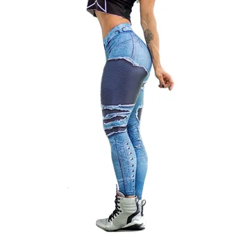 Femei Blugi Albastru de Imprimare Jambiere Sportive de Antrenament Leggins 3D Antrenament de Fitness Elastic Pantaloni