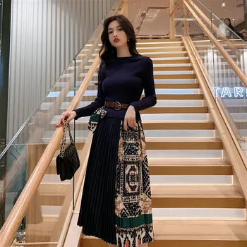SMTHMA 2020 Nouă Primăvară Elegant Tricotate Mozaic Plisata Midi Rochie Femei, cu Maneci Lungi Retro Pista de Imprimare Rochii elegante