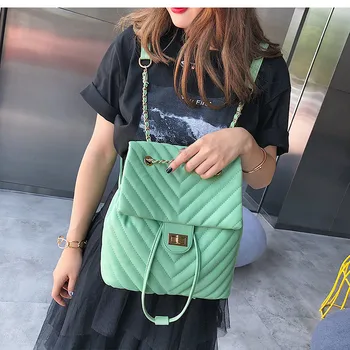 NIGEDU Rucsac Femei Design Lanț Geantă de Umăr din Piele Pu Carouri Ghiozdan Bagpacks Moda rucsac de Călătorie verde Daypack black