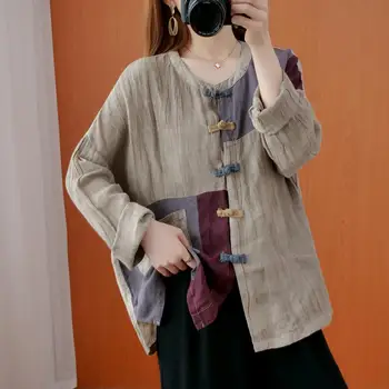 DIMANAF Femei, Plus Dimensiune Bluza Îmbinat Butoane Mozaic T-Shirt Toamna Lenjerie de Casual sex Feminin Chineză Stil Vintage Bluza Vrac