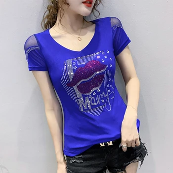Vara coreean Haine de Moda T-shirt Diamante Buza Femei Topuri Ropa Mujer Bumbac cu Maneci Scurte din Dantela Sexy Back Shirt Tee Noi T03804