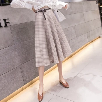 Lucyever Vintage De Primăvară Femei Fusta Lunga Carouri O Linie De Talie Mare Coreeană Centura Doamna De La Jumătatea Vițel Fusta Elegant Faldas Mujer Moda 2019