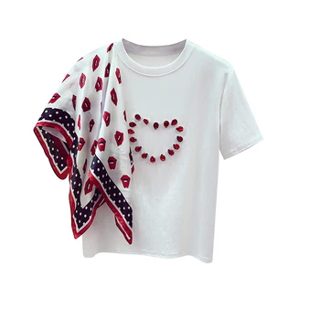 Femei O de Gât Mâneci Scurte Mozaic Eșarfă Stras Bumbac Tricou T-Shirt de Vară 2020 Fete Pulover Casual Topuri Teuri A2687