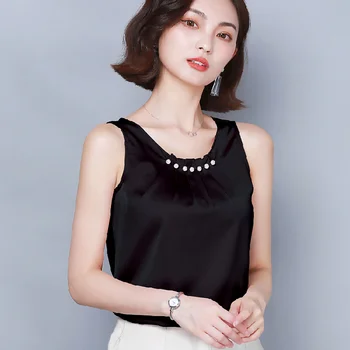 2021 Moda Femei Bretele coreean Solid ștrasuri din Mărgele de Bază Tricouri Simplu fără Mâneci Top de sex Feminin din Satin Femei Șifon Bluze 10077