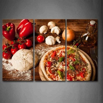 3 Bucăți Maro Alimente Imagine Arta De Perete Pizza Tomate Piper Alb, Pasta De Usturoi Imagine Bucătărie Decor De Perete Tablou Print Pe Panza