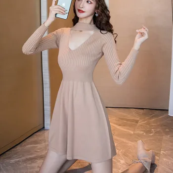 De înaltă Calitate, Sexy Tricotat Rochii Femei Maneca Lunga Pulover Rochie Toamna Iarna Femei rochie a-line Mini Rochie coreeană Halat de Femme