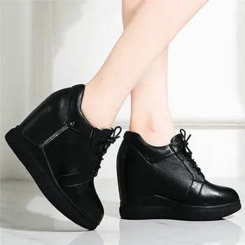 Alb-Negru Casual Pantofi Femei Piele De Vaca Pene Toc Înalt Pantofi Pompe Subliniat Toe Călătorie Formatori De Sex Feminin Cizme Pantofi De Tenis