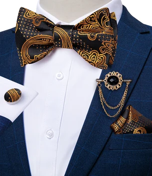 Papioane Self Tie de Moda pentru Bărbați de Aur Paisley Petrecere de Nunta Papion de Matase Bărbați Fluture Batista Broșă Pin Butoni Set DiBanGu
