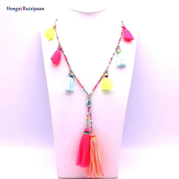 Boem Colier Handmade cu Margele Bijuterii Etnice Colorate Franjuri Lung Colier Moda Margele Colorate și Pentagrama Colier