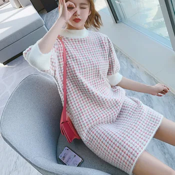 De Vară 2020 Houndstooth Tricotate Femei Rochie Felinar Maneci Scurte O-gât Rochie Mini coreeană de Moda Vintage sex Feminin Vestidos
