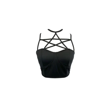 Gotic Trunchiate Top Sexy Streetwear Negru Stea Cu Cinci Colțuri Gol Rezervor De Top Pentru Femei Înfășurat În Piept Topuri De Bumbac