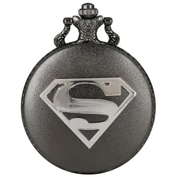 Negru rece Super Man Logo Temă Cuarț Ceas de Buzunar Unic Cadran Albastru Retro Pandantiv Ceas pentru Copii Barbati Femei cu Lanț