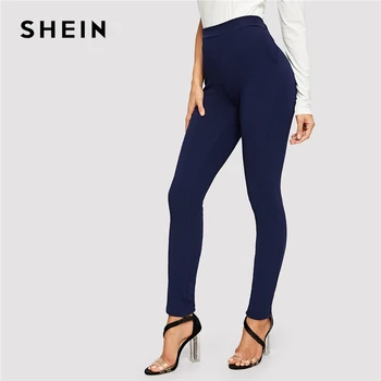 SHEIN Talie Elastic la Mijlocul Talie Pantaloni Skinny Toamnă Doamnă Birou Elegant Slim Fit Verticale Femei Pantaloni de Creion