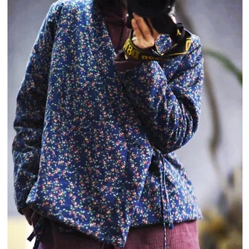 YoYiKamomo Floral pentru Femei Parka 2019 Toamna Primavara Lenjerie de pat din Bumbac Nou Naționale Retro Dantelă-up Bumbac căptușit Haine Femei Strat Gros
